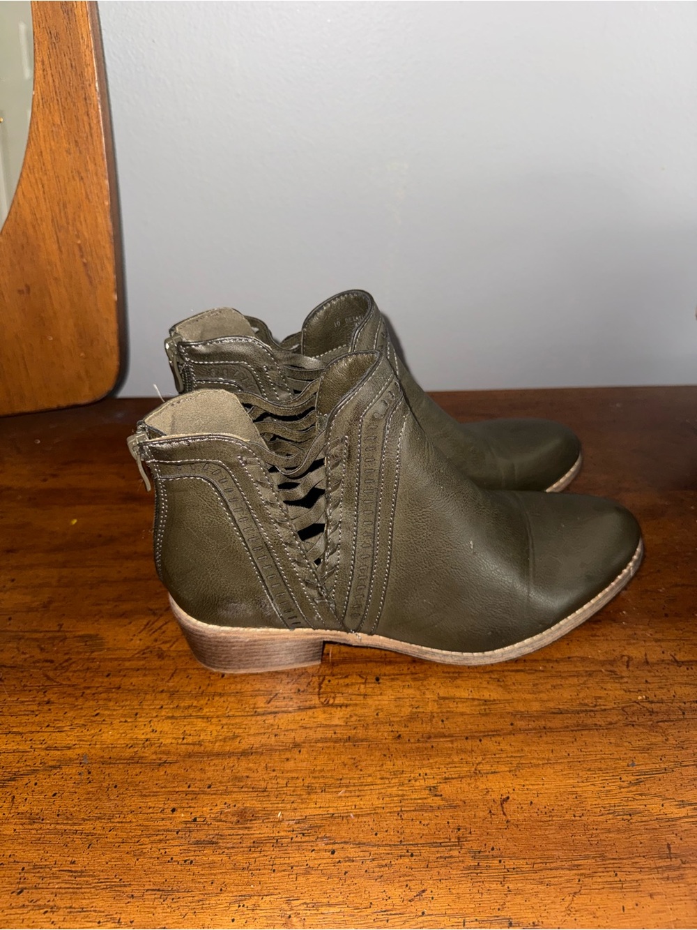 Olive Women's Low Heel Ankle Booties with Side Cutout Detail